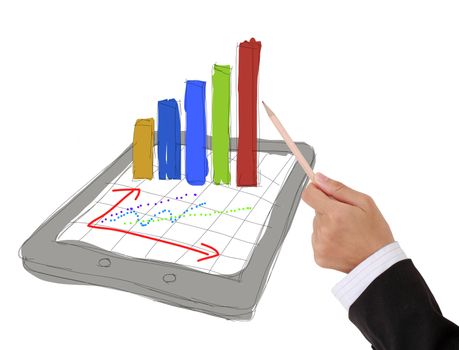 sketch computer tablet showing a spreadsheet with charts