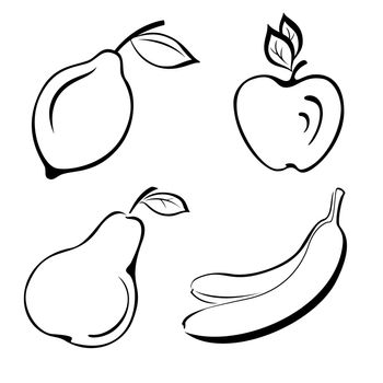 Set fruits: lemon, apple, pear, banana. Black contour on white background.