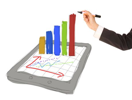 sketch computer tablet showing a spreadsheet with charts