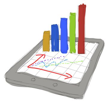 sketch computer tablet showing a spreadsheet with charts