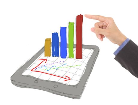 sketch computer tablet showing a spreadsheet with charts