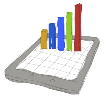 sketch computer tablet showing a spreadsheet with charts