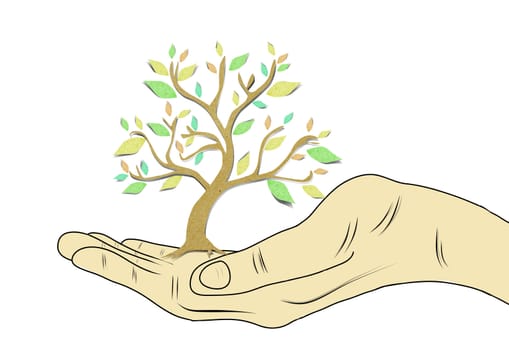 Hand holding a green tree(papercraft), isolated on white background