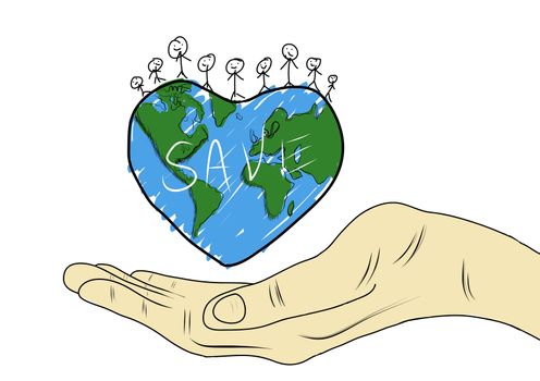 World peace. Planet Earth stylized heart in her hand