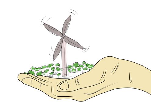 drawing ecology concept with hand which give wind power station