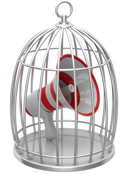 Megaphone in a cage isolated on white background