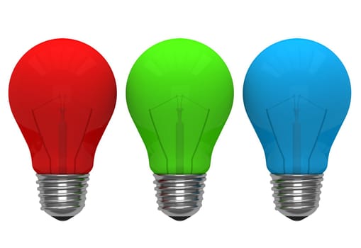 Red green blue color light bulb isolated over white background