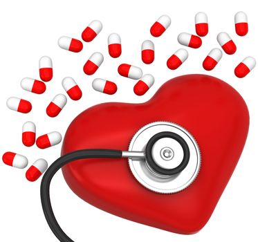Heart and a stethoscope on a white background