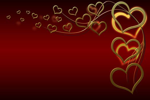 Valentines day background for your designs with golden hearts and swirls on red background