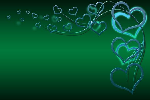 Valentines day background for your designs with turquoise hearts and swirls on green background