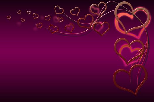 Valentines day background for your designs with red hearts and swirls on purple background