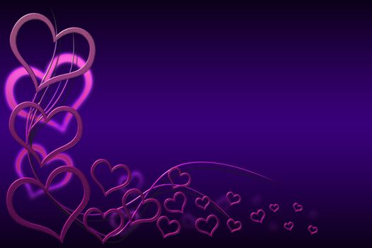 Valentines day background for your designs with pink hearts and swirls on purple background