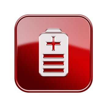 Battery icon glossy red, isolated on white background