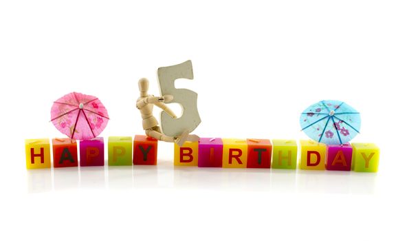 happy birthday candle letters with puppet and the number five