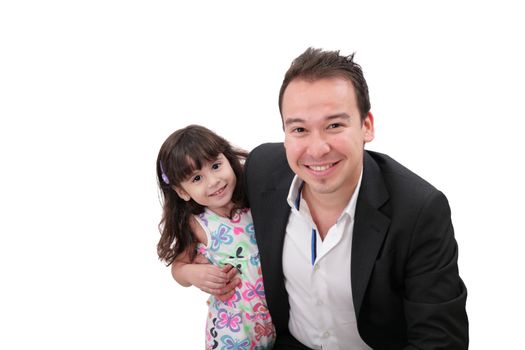 father and young daughter. Isolated on white background. Focus in the little girl.