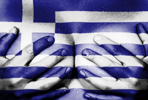 Sweaty upper part of female body, hands covering breasts, flag of Greece