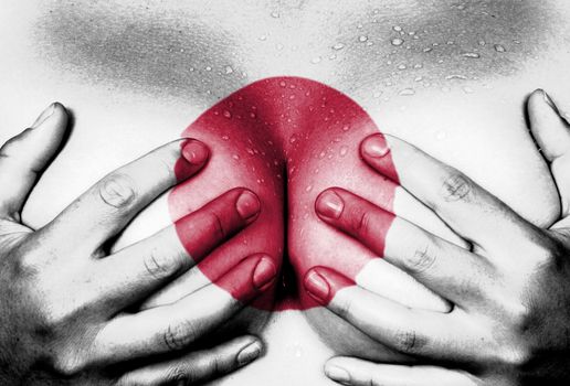 Sweaty upper part of female body, hands covering breasts, flag of Japan