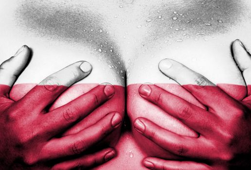 Sweaty upper part of female body, hands covering breasts, flag of Poland