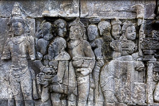 Carved stone at Borobudur temple on Java, Indonesia