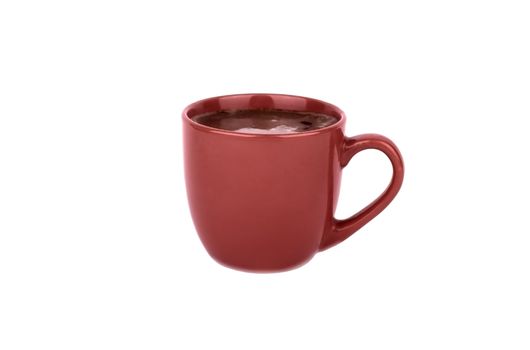 Brewed coffee in a cup of dark-red color on white background