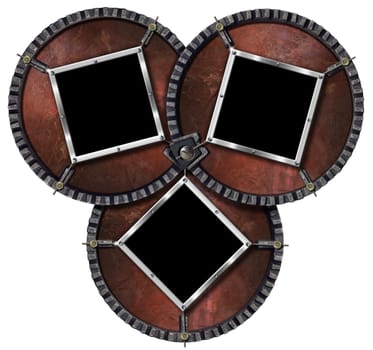 Metal frames on three circular grunge background with metal cable and bolts

