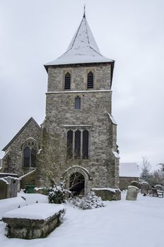 St Martin of Tours church in the village of Detling, Kent after a snowfall