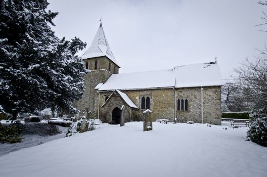 St Martin of Tours church in the village of Detling, Kent in the snow