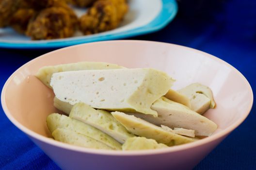 Vietnamese sausage , white pork sausage in pink bowl