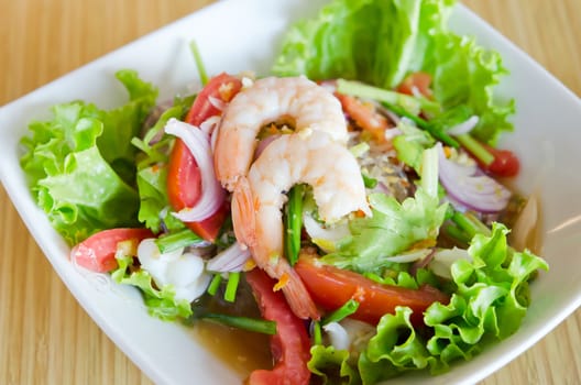 top view mixed  vegetable and  shrimp in white bowl