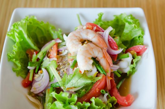 mixed fresh  vegetable and  shrimp in white bowl