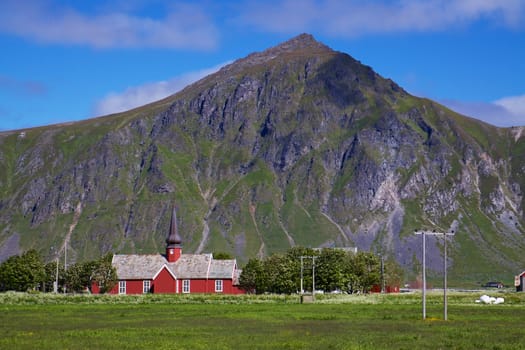 Picturesque church in village Flakstad on Lofoten islands in Norway