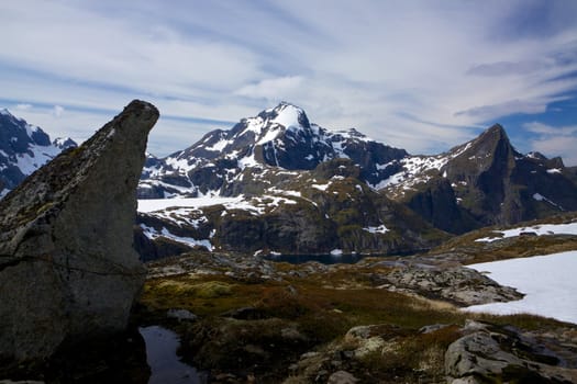Sharp mountain peaks covered in snow on Lofoten islands in Norway