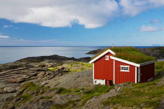 Traditional norwegian red hut with green roof on coast of Lofoten islands, Norway