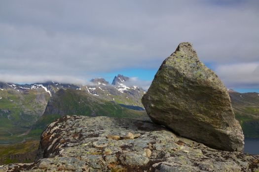 Loose rock on mountain summit, Lofoten islands, Norway