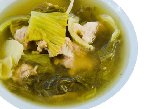 clear soup with  pork and pickled  vegetables in bowl on white background