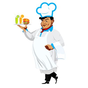 Funny Chef with hamburger and fresh fruit juice