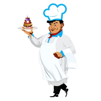 Funny Chef with sweet dessert on a white background