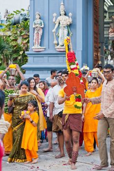 EDITORIAL USE ONLY!! SINGAPORE – 2013 JANUARY 27: Devotees at the annual Thaipusam processionin Singapore. Hindu festival to worship and to make offerings to the god Muruga.  2013 JANUARY 27
