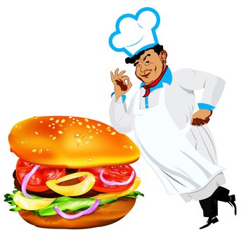 Funny Chef  and  fresh hamburger on a white