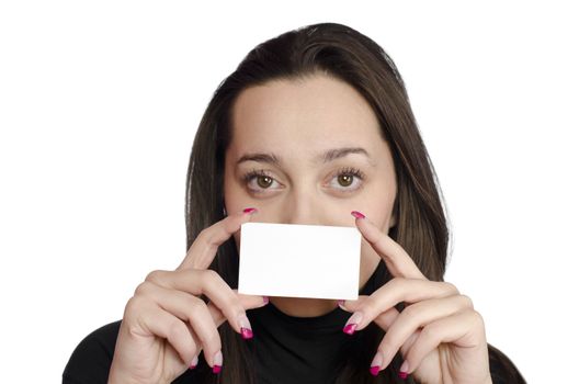 young girl holding a business card in front of her face on white background