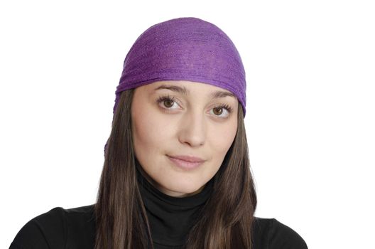 girl wearing purple bandana smiling on white background