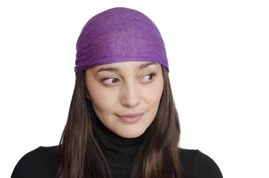 girl wearing purple bandana looking to the side on white background