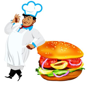 Funny Chef  and  fresh hamburger on a white background