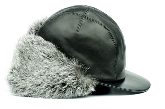 Black Leather Winter Fur Hat with Ear Flaps isolated on white background
