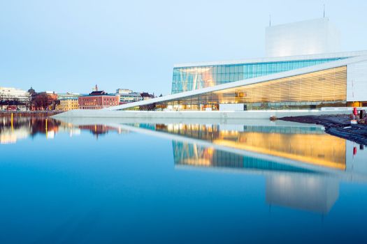 Oslo Opera House shine at dusk, morning twilight,  Norway