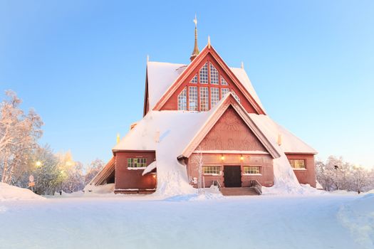 Kiruna cathedral church Architecture Sweden at dusk twilight with star trail