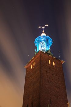 Clock Tower of Stockholm Cityhall Studhus Sweden at Night