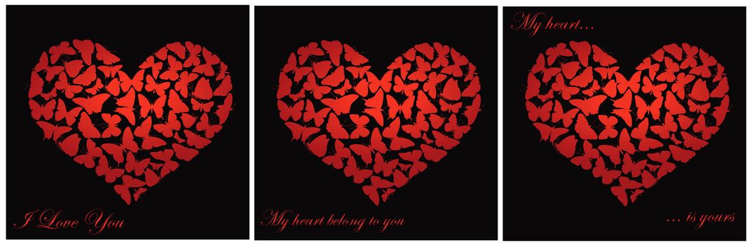 Hearts made of  butterflies on black. Valentine's Day design. eps 8