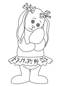 Easter cartoon, rabbit girl with a painted egg, black contour on white background.