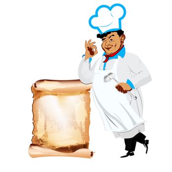 Funny happy Chef and menu on a white background